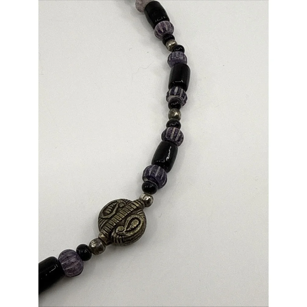 Artisan Made Amethyst Black glass beads Silvertone Hook Closure‎ Native American